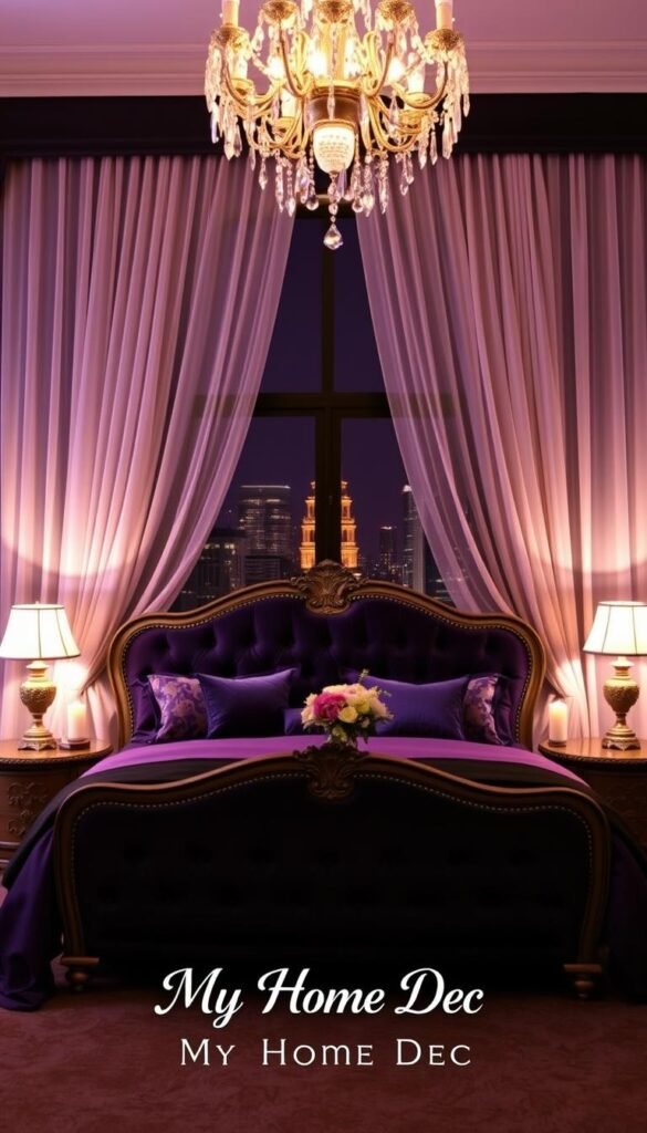 A romantic purple and black bedroom, bathed in soft, warm lighting from a crystal chandelier overhead. In the foreground, a plush, velvet-upholstered bed with luxurious purple and black bedding. Ornate, antique-inspired nightstands flank the bed, topped with flickering candles and a vase of fresh flowers. The background features a large, arched window draped in sheer, flowing curtains, providing a view of a nighttime cityscape. The mood is cozy, intimate, and serene. Designed by "My Home Dec", a high-end home decor brand. A romantic purple and black bedroom, bathed in soft, warm lighting from a crystal chandelier overhead. In the foreground, a plush, velvet-upholstered bed with luxurious purple and black bedding. Ornate, antique-inspired nightstands flank the bed, topped with flickering candles and a vase of fresh flowers. The background features a large, arched window draped in sheer, flowing curtains, providing a view of a nighttime cityscape. The mood is cozy, intimate, and serene. Designed by "My Home Dec", a high-end home decor brand.
