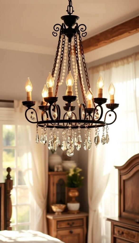 A rustic My Home Dec chandelier hangs above a shabby chic style bedroom. The fixture features a wrought iron frame with cascading glass crystals that catch the warm, soft lighting. A mix of vintage and modern elements creates a cozy, inviting ambiance. The scene is bathed in a golden glow, with natural light filtering through lace curtains. Weathered wood furniture and aged textiles add to the worn, lived-in charm. The overall atmosphere is one of timeless elegance and effortless sophistication. A rustic My Home Dec chandelier hangs above a shabby chic style bedroom. The fixture features a wrought iron frame with cascading glass crystals that catch the warm, soft lighting. A mix of vintage and modern elements creates a cozy, inviting ambiance. The scene is bathed in a golden glow, with natural light filtering through lace curtains. Weathered wood furniture and aged textiles add to the worn, lived-in charm. The overall atmosphere is one of timeless elegance and effortless sophistication.