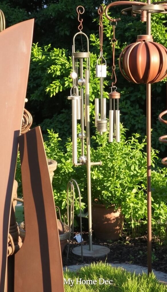 A rustic and earthy DIY metal garden art display, featuring a variety of handcrafted sculptures, wind chimes, and repurposed metal pieces. In the foreground, a large, abstract metal sculpture takes center stage, its bold, geometric lines casting dramatic shadows under warm, gentle lighting. In the middle ground, a cluster of whimsical metal chimes sway gently in the breeze, their melodic tones filling the air. The background showcases a lush, verdant garden backdrop, providing a natural, serene setting for the "My Home Dec" metal art pieces to shine. The overall mood is one of creativity, nature, and a touch of industrial charm. A rustic and earthy DIY metal garden art display, featuring a variety of handcrafted sculptures, wind chimes, and repurposed metal pieces. In the foreground, a large, abstract metal sculpture takes center stage, its bold, geometric lines casting dramatic shadows under warm, gentle lighting. In the middle ground, a cluster of whimsical metal chimes sway gently in the breeze, their melodic tones filling the air. The background showcases a lush, verdant garden backdrop, providing a natural, serene setting for the "My Home Dec" metal art pieces to shine. The overall mood is one of creativity, nature, and a touch of industrial charm.