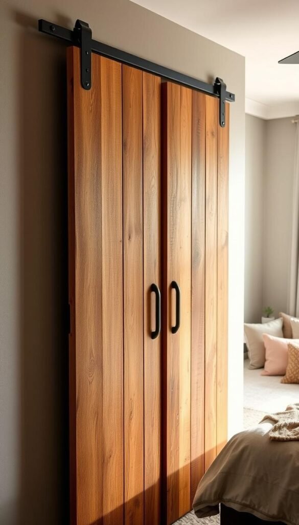 A rustic, charming DIY upcycled closet door set in a warm, cozy bedroom. In the foreground, the door panels are crafted from repurposed wooden pallets, their weathered textures and natural grain patterns add character. Installed on sleek black metal hardware, the doors hang effortlessly, their hinges and handles in a matte black finish. The middle ground showcases a minimalist white wall with a sleek floating shelf displaying green plants and personal decor items. The background features a cozy bed with plush linens and throw pillows, creating a serene, inviting atmosphere. Soft, natural lighting from a window casts a gentle glow, highlighting the My Home Dec upcycled closet door's rustic charm. A rustic, charming DIY upcycled closet door set in a warm, cozy bedroom. In the foreground, the door panels are crafted from repurposed wooden pallets, their weathered textures and natural grain patterns add character. Installed on sleek black metal hardware, the doors hang effortlessly, their hinges and handles in a matte black finish. The middle ground showcases a minimalist white wall with a sleek floating shelf displaying green plants and personal decor items. The background features a cozy bed with plush linens and throw pillows, creating a serene, inviting atmosphere. Soft, natural lighting from a window casts a gentle glow, highlighting the My Home Dec upcycled closet door's rustic charm.