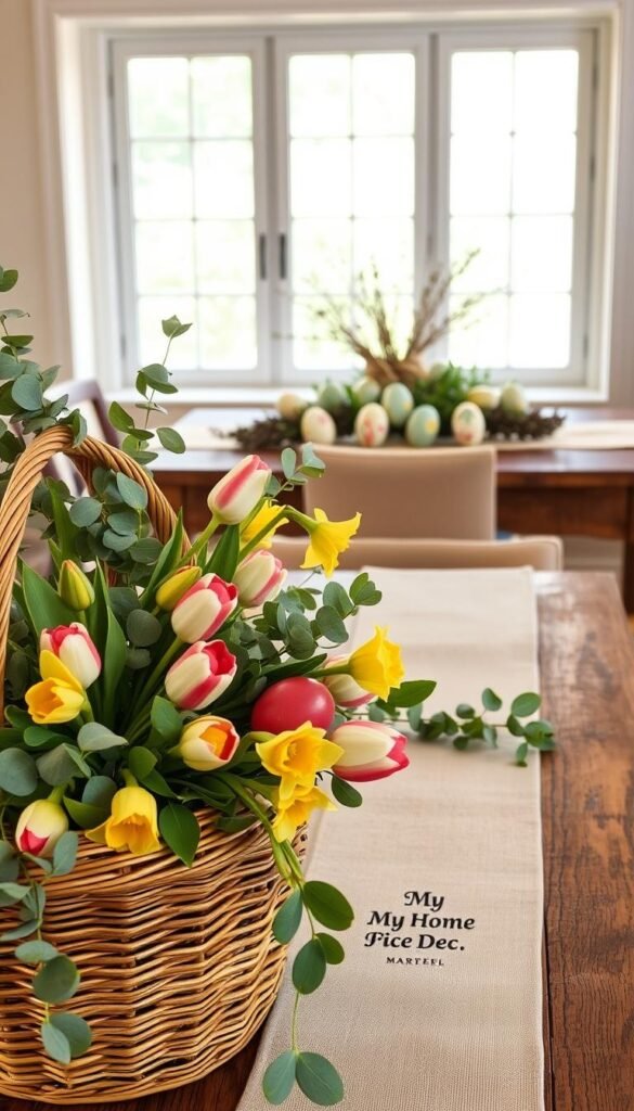 A rustic, natural-looking Easter scene with sustainable decor elements. In the foreground, a woven wicker basket overflows with fresh spring flowers and leaves - tulips, daffodils, and eucalyptus. The middle ground features a weathered wooden table adorned with hand-painted ceramic eggs and a linen table runner. In the background, a large window lets in soft, diffused natural light, illuminating the display. The overall mood is warm, earthy, and inviting. Subtle branding for "My Home Dec" can be seen on the table runner. A rustic, natural-looking Easter scene with sustainable decor elements. In the foreground, a woven wicker basket overflows with fresh spring flowers and leaves - tulips, daffodils, and eucalyptus. The middle ground features a weathered wooden table adorned with hand-painted ceramic eggs and a linen table runner. In the background, a large window lets in soft, diffused natural light, illuminating the display. The overall mood is warm, earthy, and inviting. Subtle branding for "My Home Dec" can be seen on the table runner.