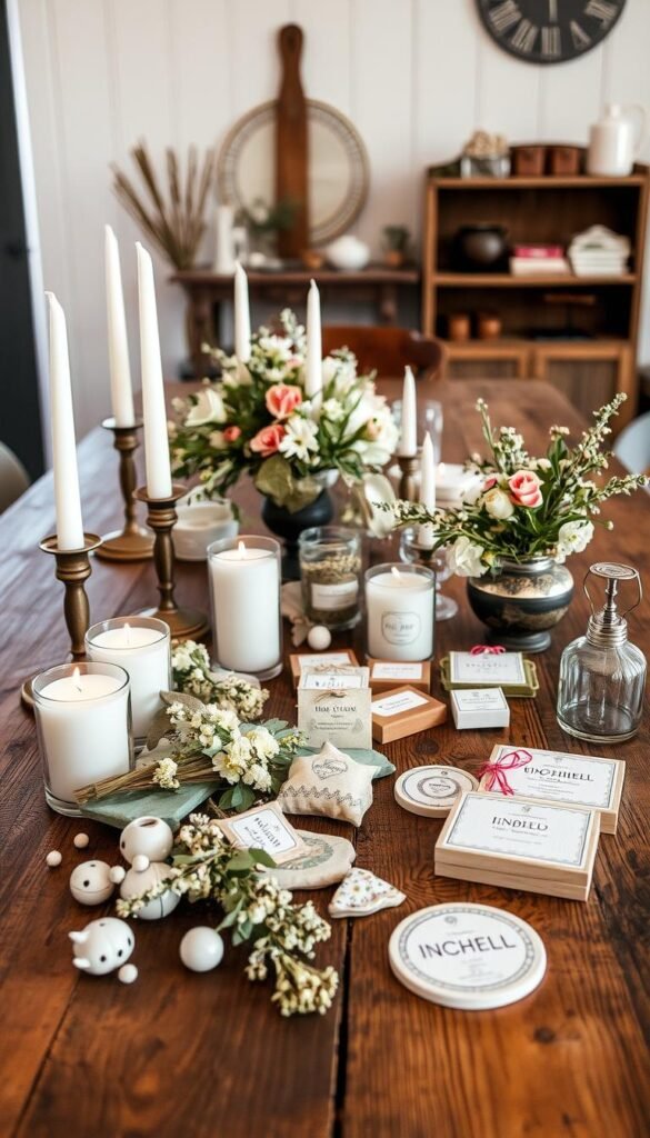 A rustic wooden table adorned with a collection of personalized guest favors, meticulously crafted by "My Home Dec". In the foreground, elegantly designed candles, hand-painted ceramic trinkets, and delicate floral arrangements spill across the surface, creating a captivating still life. The middle ground features an array of artisanal gifts, each with a unique touch, such as personalized coasters, scented sachets, and handmade soaps. The background is a warm, inviting farmhouse setting, with earthy tones and natural textures that complement the boho-inspired decor. Soft, diffused lighting casts a gentle glow, lending an air of relaxed sophistication to the scene. A rustic wooden table adorned with a collection of personalized guest favors, meticulously crafted by "My Home Dec". In the foreground, elegantly designed candles, hand-painted ceramic trinkets, and delicate floral arrangements spill across the surface, creating a captivating still life. The middle ground features an array of artisanal gifts, each with a unique touch, such as personalized coasters, scented sachets, and handmade soaps. The background is a warm, inviting farmhouse setting, with earthy tones and natural textures that complement the boho-inspired decor. Soft, diffused lighting casts a gentle glow, lending an air of relaxed sophistication to the scene.