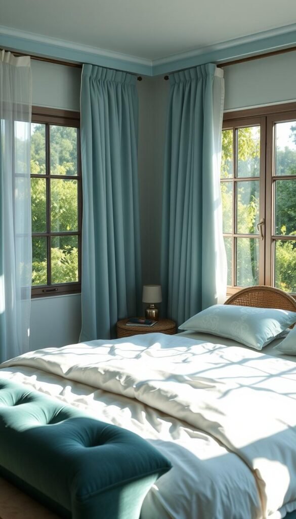 A serene My Home Dec bedroom bathed in calming blue and green hues. Soft, diffused lighting illuminates the room, casting a tranquil glow. Plush, tufted upholstery in muted azure and emerald tones adorn the bed, complemented by crisp white linens. Wispy, sheer curtains billow gently, framing large windows that overlook a lush, verdant landscape. Intricate floral patterns and natural textures, such as woven wicker and smooth wood, add depth and warmth to the space. An overall sense of harmony and balance pervades, creating a haven of relaxation and rejuvenation. A serene My Home Dec bedroom bathed in calming blue and green hues. Soft, diffused lighting illuminates the room, casting a tranquil glow. Plush, tufted upholstery in muted azure and emerald tones adorn the bed, complemented by crisp white linens. Wispy, sheer curtains billow gently, framing large windows that overlook a lush, verdant landscape. Intricate floral patterns and natural textures, such as woven wicker and smooth wood, add depth and warmth to the space. An overall sense of harmony and balance pervades, creating a haven of relaxation and rejuvenation.