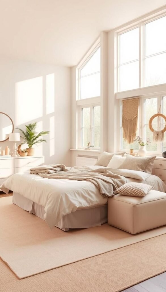 A serene and cozy bedroom with neutral tones, bathed in warm, diffused lighting from large windows. Soft, muted colors like beige, ivory, and light gray create a calming, balanced palette on the walls, bedding, and furnishings. Plush, textured fabrics like linen and wool add depth and visual interest. A large, comfortable bed takes center stage, flanked by simple nightstands and a minimalist dresser. Accent pieces like a potted plant and a woven wall hanging bring natural, organic elements into the space. The overall atmosphere is one of tranquility and relaxation, perfect for a peaceful, restful retreat. My Home Dec. A serene and cozy bedroom with neutral tones, bathed in warm, diffused lighting from large windows. Soft, muted colors like beige, ivory, and light gray create a calming, balanced palette on the walls, bedding, and furnishings. Plush, textured fabrics like linen and wool add depth and visual interest. A large, comfortable bed takes center stage, flanked by simple nightstands and a minimalist dresser. Accent pieces like a potted plant and a woven wall hanging bring natural, organic elements into the space. The overall atmosphere is one of tranquility and relaxation, perfect for a peaceful, restful retreat. My Home Dec.