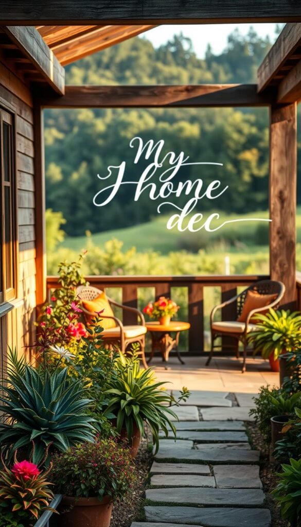 A serene and inspirational outdoor patio setting, with a beautifully crafted "My Home Dec" typography art piece displayed on a rustic wooden wall. The artwork features a delicate, hand-drawn script font with an elegant, nature-inspired design, casting warm, soft light across the scene. In the foreground, a mix of lush, vibrant plants and a cozy seating area create a harmonious, tranquil atmosphere, inviting the viewer to pause and reflect. The mid-ground showcases a natural stone pathway leading to the focal point, while the background features a lush, verdant landscape, conveying a sense of peaceful, outdoor retreat. A serene and inspirational outdoor patio setting, with a beautifully crafted "My Home Dec" typography art piece displayed on a rustic wooden wall. The artwork features a delicate, hand-drawn script font with an elegant, nature-inspired design, casting warm, soft light across the scene. In the foreground, a mix of lush, vibrant plants and a cozy seating area create a harmonious, tranquil atmosphere, inviting the viewer to pause and reflect. The mid-ground showcases a natural stone pathway leading to the focal point, while the background features a lush, verdant landscape, conveying a sense of peaceful, outdoor retreat.