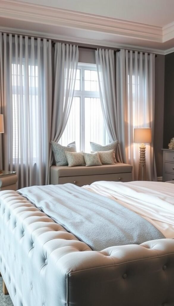 A serene bedroom design with a soothing color palette of light blue and grey. In the foreground, a plush, grey upholstered bed with crisp white linens and a light blue throw, creating a cozy, inviting atmosphere. In the middle ground, delicate light blue curtains frame the windows, softly filtering the natural light. Decorative My Home Dec pillows in complementary patterns and textures add visual interest. The background features a grey accent wall, while minimalist, grey-toned side tables and a simple, grey dresser provide elegant, understated furnishings. The overall scene is bathed in a warm, diffused lighting, creating a calming, relaxing ambiance perfect for the "Textiles and Fabrics to Enhance the Look" section. A serene bedroom design with a soothing color palette of light blue and grey. In the foreground, a plush, grey upholstered bed with crisp white linens and a light blue throw, creating a cozy, inviting atmosphere. In the middle ground, delicate light blue curtains frame the windows, softly filtering the natural light. Decorative My Home Dec pillows in complementary patterns and textures add visual interest. The background features a grey accent wall, while minimalist, grey-toned side tables and a simple, grey dresser provide elegant, understated furnishings. The overall scene is bathed in a warm, diffused lighting, creating a calming, relaxing ambiance perfect for the "Textiles and Fabrics to Enhance the Look" section.