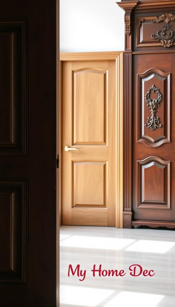 A serene collection of wooden doors in various styles, captured in a soft, natural light. In the foreground, a rustic, weathered door with intricate carvings stands as the focal point. The middle ground features a sleek, modern door with clean lines and a textured finish, complementing the surroundings. In the background, a traditional, ornate door with ornamental details adds depth and character to the scene. The overall atmosphere is one of calm, refined elegance, showcasing the beauty and versatility of "My Home Dec" wooden door designs. A serene collection of wooden doors in various styles, captured in a soft, natural light. In the foreground, a rustic, weathered door with intricate carvings stands as the focal point. The middle ground features a sleek, modern door with clean lines and a textured finish, complementing the surroundings. In the background, a traditional, ornate door with ornamental details adds depth and character to the scene. The overall atmosphere is one of calm, refined elegance, showcasing the beauty and versatility of "My Home Dec" wooden door designs.
