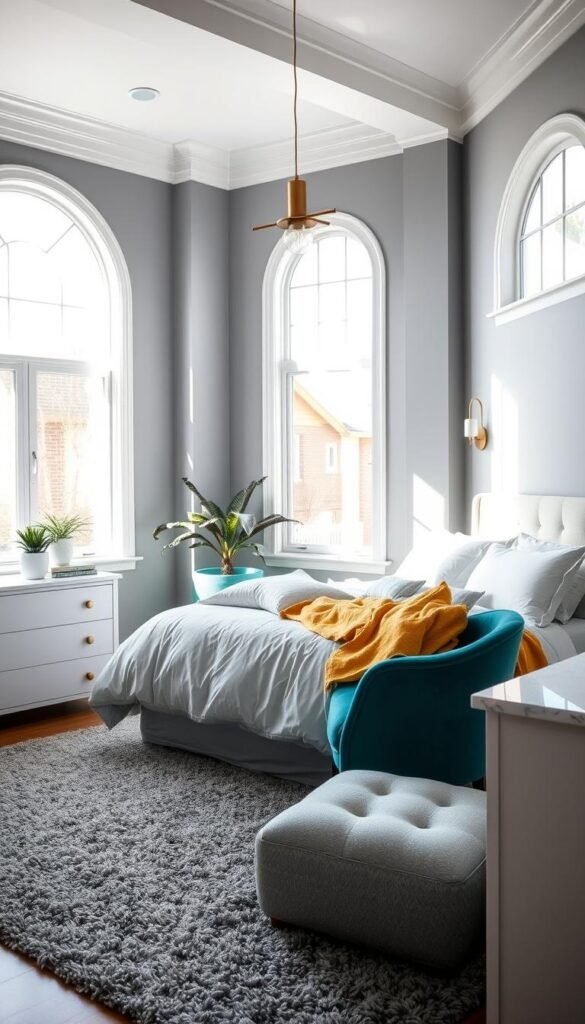 A serene gray and white bedroom flooded with natural light streaming through large windows. The focal point is a plush, inviting king-sized bed with soft gray linens and fluffy white pillows. Strategically placed pops of color, such as a vibrant teal accent chair, a mustard yellow throw blanket, and a leafy indoor plant, add visual interest and warmth to the otherwise muted palette. The room is furnished with a minimalist white dresser, a sleek marble-top nightstand, and a cozy gray shag rug. The lighting is a combination of a modern brass pendant fixture and soft sconces mounted on the walls. The atmosphere is calming and elegant, perfect for a tranquil retreat. My Home Dec A serene gray and white bedroom flooded with natural light streaming through large windows. The focal point is a plush, inviting king-sized bed with soft gray linens and fluffy white pillows. Strategically placed pops of color, such as a vibrant teal accent chair, a mustard yellow throw blanket, and a leafy indoor plant, add visual interest and warmth to the otherwise muted palette. The room is furnished with a minimalist white dresser, a sleek marble-top nightstand, and a cozy gray shag rug. The lighting is a combination of a modern brass pendant fixture and soft sconces mounted on the walls. The atmosphere is calming and elegant, perfect for a tranquil retreat. My Home Dec