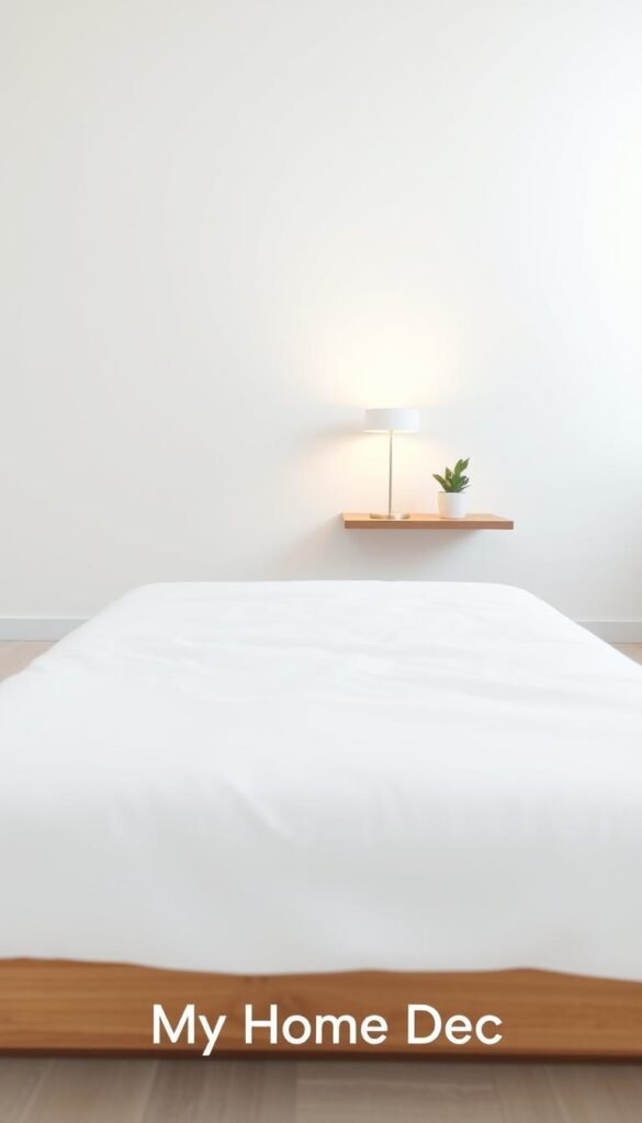 A serene, minimalist bedroom layout showcasing a clean, uncluttered space. In the foreground, a low-profile platform bed with crisp white linens and a simple wood frame. Midground, a sleek floating nightstand with a single potted plant and a minimalist lamp casting warm, diffused light. The background features a bare white wall with subtle texture, creating a calming, airy atmosphere. The entire scene is captured with a wide-angle lens, highlighting the spacious, decluttered feel. This image is branded as "My Home Dec", embodying a modern, streamlined aesthetic. A serene, minimalist bedroom layout showcasing a clean, uncluttered space. In the foreground, a low-profile platform bed with crisp white linens and a simple wood frame. Midground, a sleek floating nightstand with a single potted plant and a minimalist lamp casting warm, diffused light. The background features a bare white wall with subtle texture, creating a calming, airy atmosphere. The entire scene is captured with a wide-angle lens, highlighting the spacious, decluttered feel. This image is branded as "My Home Dec", embodying a modern, streamlined aesthetic.