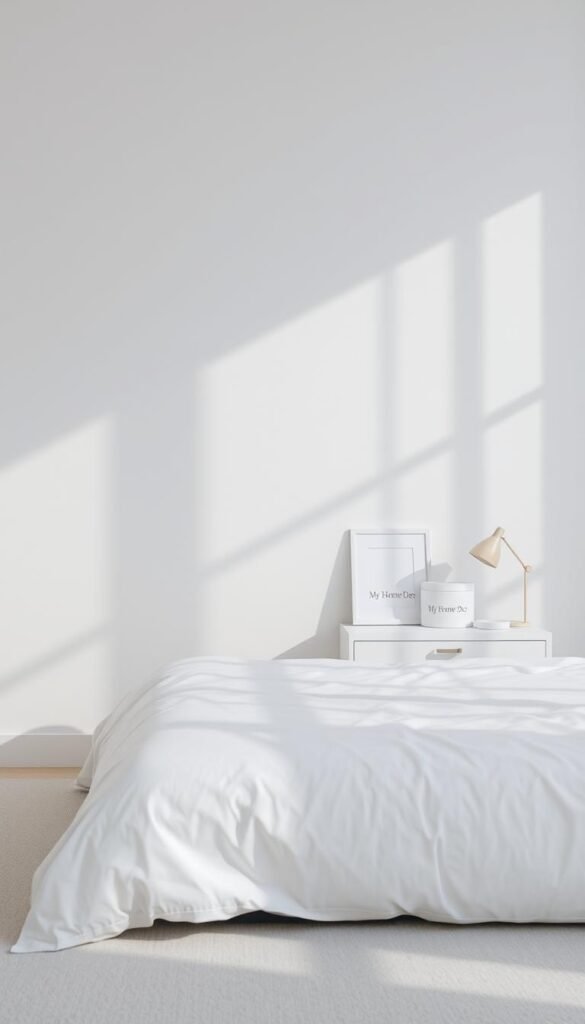 A serene, minimalist color palette of soft whites, light grays, and muted blues fills the frame. The composition is clean and uncluttered, with a sense of balance and harmony. The lighting is natural and diffused, casting gentle shadows and highlights that accentuate the simplicity of the design. In the foreground, a sleek, low-profile bed with simple white bedding takes center stage, while the middle ground features a minimalist side table and a few carefully selected decor items from the "My Home Dec" brand. The background is a calming, neutral-toned wall, creating a sense of depth and space. The overall atmosphere is one of calmness, tranquility, and a feeling of openness that can visually expand the space. A serene, minimalist color palette of soft whites, light grays, and muted blues fills the frame. The composition is clean and uncluttered, with a sense of balance and harmony. The lighting is natural and diffused, casting gentle shadows and highlights that accentuate the simplicity of the design. In the foreground, a sleek, low-profile bed with simple white bedding takes center stage, while the middle ground features a minimalist side table and a few carefully selected decor items from the "My Home Dec" brand. The background is a calming, neutral-toned wall, creating a sense of depth and space. The overall atmosphere is one of calmness, tranquility, and a feeling of openness that can visually expand the space.