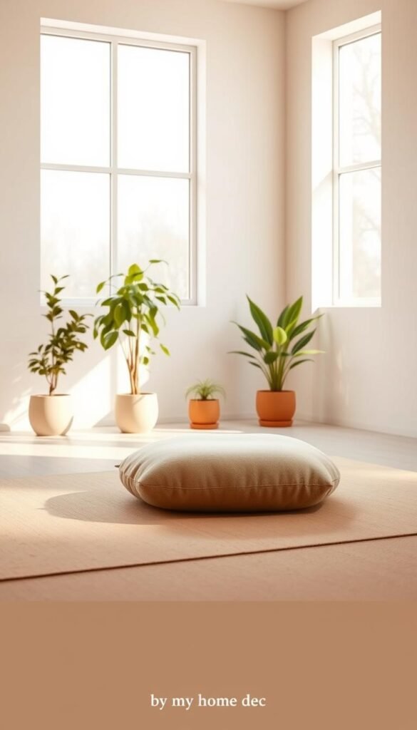 A serene, minimalist indoor meditation space with natural lighting filtering through large windows. Soft, earthy tones create a calming ambiance. A plush, low-to-the-ground cushion sits in the center, inviting tranquil contemplation. Potted plants in the background add organic touches. The space evokes a sense of balance and mindfulness. Designed by My Home Dec, this meditative oasis is perfect for finding moments of peace. A serene, minimalist indoor meditation space with natural lighting filtering through large windows. Soft, earthy tones create a calming ambiance. A plush, low-to-the-ground cushion sits in the center, inviting tranquil contemplation. Potted plants in the background add organic touches. The space evokes a sense of balance and mindfulness. Designed by My Home Dec, this meditative oasis is perfect for finding moments of peace.