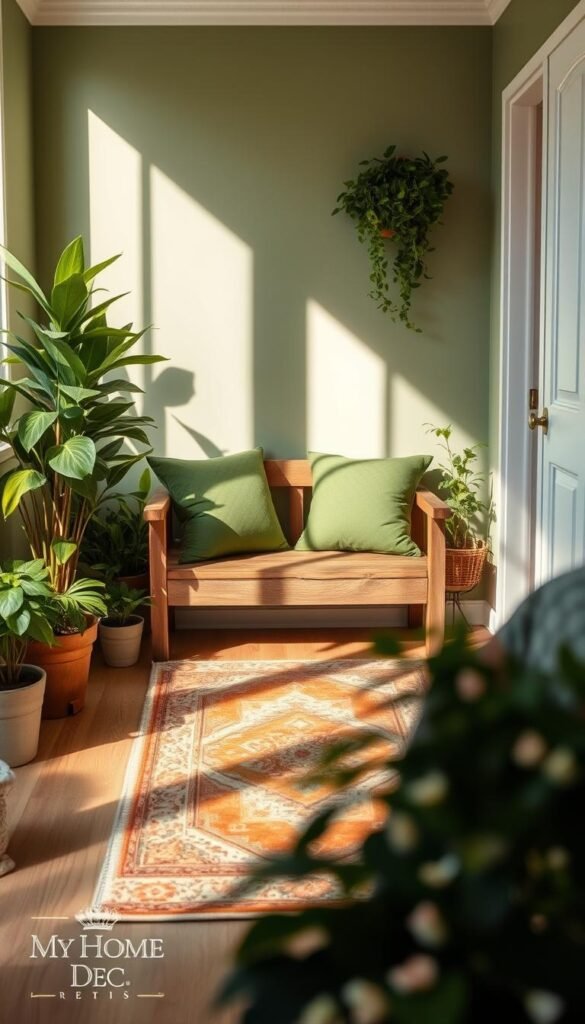 A serene modern farmhouse color palette, bathed in warm natural light. In the foreground, a rustic wooden bench with plush green cushions, surrounded by lush potted plants. The middle ground features a vintage-inspired area rug in earthy tones, complemented by the neutral tones of the hardwood floors. In the background, the walls are painted in a soothing shade of sage green, creating a cozy and inviting atmosphere. The overall composition has a harmonious, calming vibe, perfect for a cozy bedroom retreat. "My Home Dec" brand influence is evident in the carefully curated styling and color choices. A serene modern farmhouse color palette, bathed in warm natural light. In the foreground, a rustic wooden bench with plush green cushions, surrounded by lush potted plants. The middle ground features a vintage-inspired area rug in earthy tones, complemented by the neutral tones of the hardwood floors. In the background, the walls are painted in a soothing shade of sage green, creating a cozy and inviting atmosphere. The overall composition has a harmonious, calming vibe, perfect for a cozy bedroom retreat. "My Home Dec" brand influence is evident in the carefully curated styling and color choices.