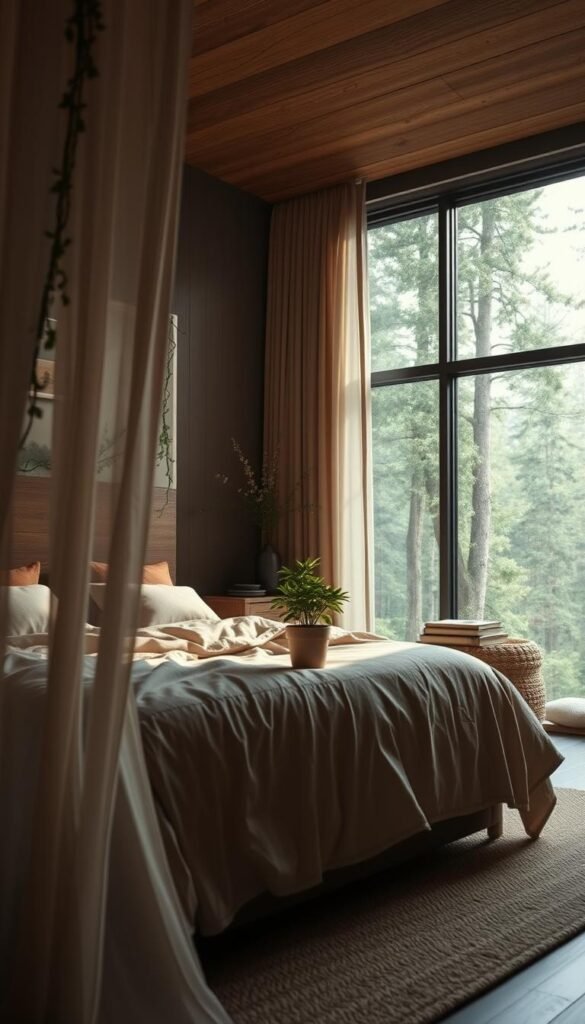 A serene, nature-inspired bedroom with a lush, earthy color palette. In the foreground, a cozy, oversized bed framed by a wooden headboard adorned with trailing vines and delicate flowers. Soft, diffused lighting filters through sheer, natural linen curtains, casting a warm, atmospheric glow. The middle ground features a rustic wooden nightstand topped with a potted plant and a stack of vintage books. In the background, a wall of floor-to-ceiling windows overlooking a tranquil forest landscape. The overall mood is one of peaceful, organic elegance. My Home Dec. A serene, nature-inspired bedroom with a lush, earthy color palette. In the foreground, a cozy, oversized bed framed by a wooden headboard adorned with trailing vines and delicate flowers. Soft, diffused lighting filters through sheer, natural linen curtains, casting a warm, atmospheric glow. The middle ground features a rustic wooden nightstand topped with a potted plant and a stack of vintage books. In the background, a wall of floor-to-ceiling windows overlooking a tranquil forest landscape. The overall mood is one of peaceful, organic elegance. My Home Dec.