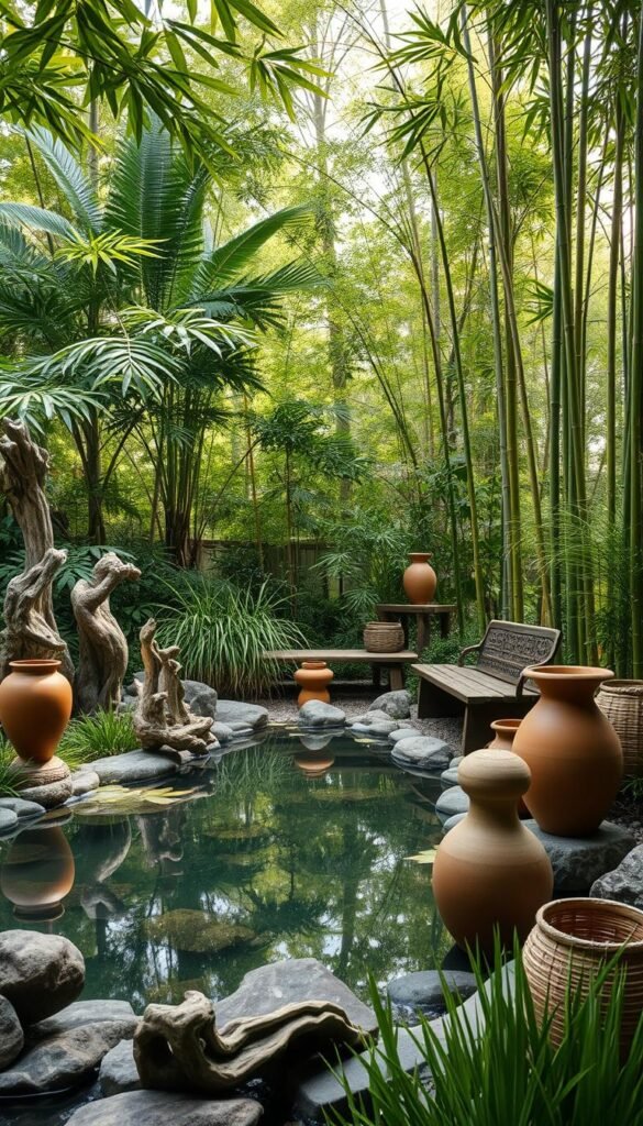 A serene spiritual garden filled with natural materials. Soft, diffused sunlight filters through a canopy of lush, verdant foliage. In the foreground, a tranquil reflecting pool surrounded by smooth river rocks and gently swaying grasses. Weathered driftwood sculptures and clay pottery infused with earthy tones create a meditative atmosphere. Towering bamboo stalks sway in the breeze, complementing the organic textures of woven wicker baskets and a hand-carved My Home Dec wooden bench. This harmonious blend of natural elements evokes a sense of timeless simplicity and connection to the natural world. A serene spiritual garden filled with natural materials. Soft, diffused sunlight filters through a canopy of lush, verdant foliage. In the foreground, a tranquil reflecting pool surrounded by smooth river rocks and gently swaying grasses. Weathered driftwood sculptures and clay pottery infused with earthy tones create a meditative atmosphere. Towering bamboo stalks sway in the breeze, complementing the organic textures of woven wicker baskets and a hand-carved My Home Dec wooden bench. This harmonious blend of natural elements evokes a sense of timeless simplicity and connection to the natural world.