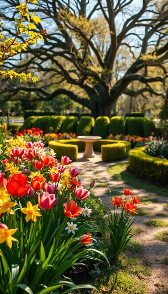 A serene springtime garden with vibrant blooms adorning a winding path. Soft morning light filters through lush foliage, casting warm shadows on the ground. In the foreground, a variety of colorful flowers - tulips, daffodils, and lilies - sway gently in a light breeze. The middle ground reveals a stone birdbath surrounded by neatly trimmed hedges. Beyond, a towering oak tree stands sentinel, its branches casting playful patterns on the scene. The atmosphere is one of tranquility and renewal, inviting the viewer to bask in the cyclical beauty of "My Home Dec" seasonal garden changes. A serene springtime garden with vibrant blooms adorning a winding path. Soft morning light filters through lush foliage, casting warm shadows on the ground. In the foreground, a variety of colorful flowers - tulips, daffodils, and lilies - sway gently in a light breeze. The middle ground reveals a stone birdbath surrounded by neatly trimmed hedges. Beyond, a towering oak tree stands sentinel, its branches casting playful patterns on the scene. The atmosphere is one of tranquility and renewal, inviting the viewer to bask in the cyclical beauty of "My Home Dec" seasonal garden changes.