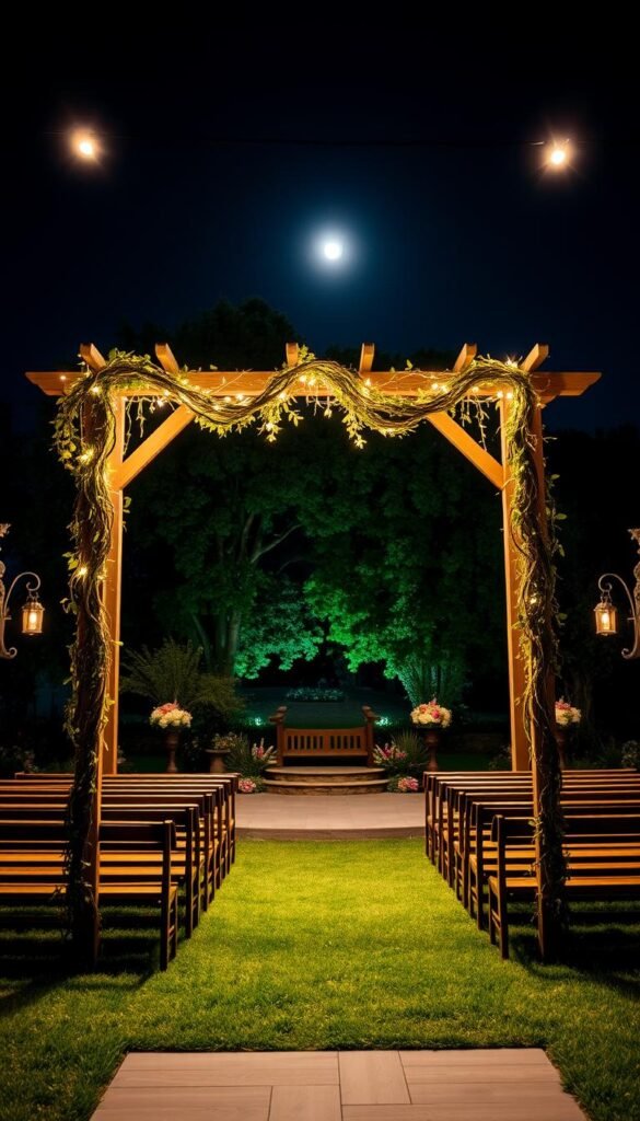 A serene, well-lit garden wedding scene under the night sky. In the foreground, a classic modern farmhouse-style arbor adorned with cascading vines and delicate string lights, casting a warm glow over the scene. In the middle ground, rows of wooden benches and a raised platform, perfect for an intimate outdoor ceremony. The background features a lush, verdant garden with towering trees and blooming florals, illuminated by strategically placed lanterns and moonlight. The overall atmosphere is one of rustic elegance and tranquility. Captured with a wide-angle lens to showcase the full breadth of this enchanting My Home Dec wedding setting. A serene, well-lit garden wedding scene under the night sky. In the foreground, a classic modern farmhouse-style arbor adorned with cascading vines and delicate string lights, casting a warm glow over the scene. In the middle ground, rows of wooden benches and a raised platform, perfect for an intimate outdoor ceremony. The background features a lush, verdant garden with towering trees and blooming florals, illuminated by strategically placed lanterns and moonlight. The overall atmosphere is one of rustic elegance and tranquility. Captured with a wide-angle lens to showcase the full breadth of this enchanting My Home Dec wedding setting.