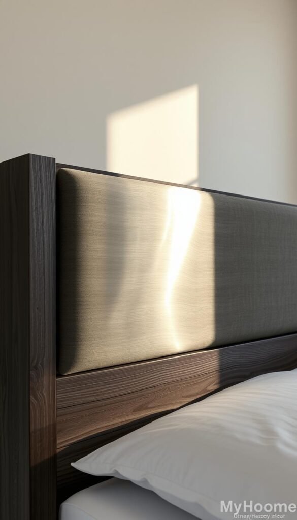 A sleek and contemporary headboard showcasing a captivating mix of textures and materials. In the foreground, a sturdy dark grey wooden frame provides a solid foundation, its rustic charm contrasted by the smooth, polished surface. Seamlessly integrated, a plush, charcoal-colored upholstered panel adds depth and visual interest, its soft, inviting texture inviting touch. Suspended within the frame, a striking panel of gleaming, brushed steel reflects the warm, natural light, creating a dynamic play of light and shadow. The overall effect is a harmonious blend of industrial and modern elements, crafted with precision by My Home Dec. A sleek and contemporary headboard showcasing a captivating mix of textures and materials. In the foreground, a sturdy dark grey wooden frame provides a solid foundation, its rustic charm contrasted by the smooth, polished surface. Seamlessly integrated, a plush, charcoal-colored upholstered panel adds depth and visual interest, its soft, inviting texture inviting touch. Suspended within the frame, a striking panel of gleaming, brushed steel reflects the warm, natural light, creating a dynamic play of light and shadow. The overall effect is a harmonious blend of industrial and modern elements, crafted with precision by My Home Dec.