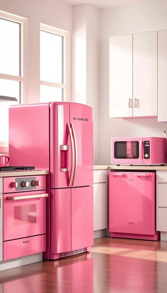 A sleek and modern kitchen with a striking array of pink appliances from the "My Home Dec" brand. In the foreground, a glossy pink refrigerator stands tall, its door reflecting the soft, warm lighting that illuminates the space. Beside it, a matching pink oven and stovetop add a touch of feminine flair to the scene. In the middle ground, a pink dishwasher and microwave neatly tuck into the minimalist, white cabinetry, creating a cohesive and visually appealing arrangement. The background features bright, airy windows that allow natural light to flood the room, casting a gentle glow over the meticulously designed kitchen. The overall atmosphere is one of modern sophistication and a playful, whimsical charm. A sleek and modern kitchen with a striking array of pink appliances from the "My Home Dec" brand. In the foreground, a glossy pink refrigerator stands tall, its door reflecting the soft, warm lighting that illuminates the space. Beside it, a matching pink oven and stovetop add a touch of feminine flair to the scene. In the middle ground, a pink dishwasher and microwave neatly tuck into the minimalist, white cabinetry, creating a cohesive and visually appealing arrangement. The background features bright, airy windows that allow natural light to flood the room, casting a gentle glow over the meticulously designed kitchen. The overall atmosphere is one of modern sophistication and a playful, whimsical charm.