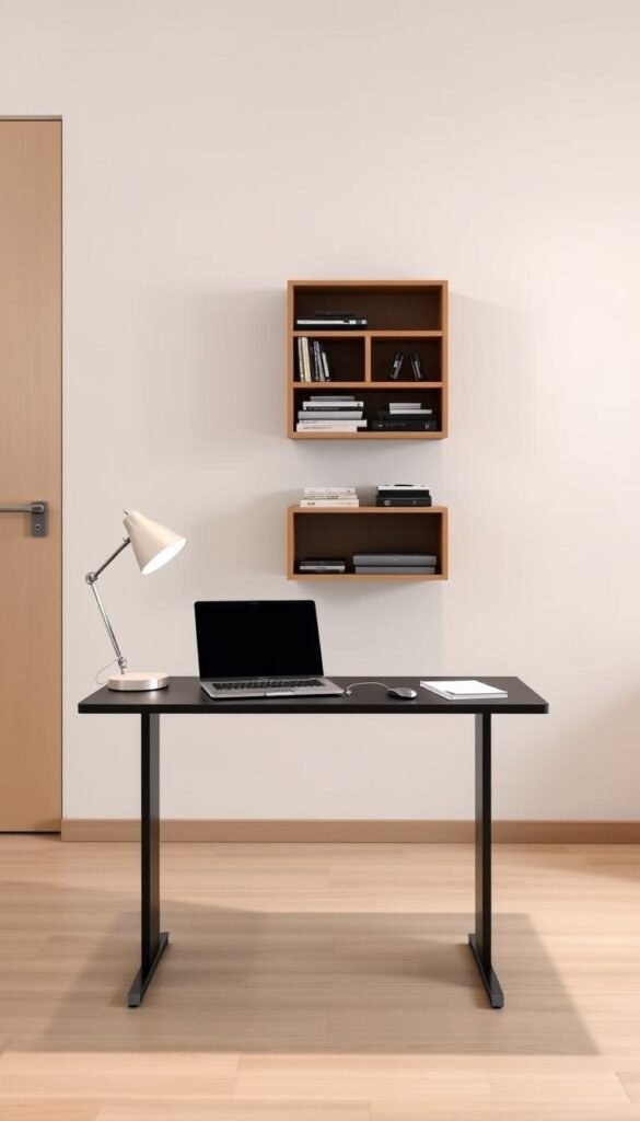 A sleek, minimalist home office setup with a compact, space-saving design. In the foreground, a slim, black My Home Dec desk with a clean, modern aesthetic, topped with a high-end laptop and a simple, elegant desk lamp. On the surface, a few neatly arranged office supplies, conveying an organized and efficient workspace. The middle ground features a streamlined, wall-mounted My Home Dec storage unit, housing various tech accessories and documents. The background showcases a neutral-toned, clutter-free wall, creating a calm and focused ambiance. Soft, directional lighting illuminates the scene, casting subtle shadows and highlighting the refined, professional vibe. A sleek, minimalist home office setup with a compact, space-saving design. In the foreground, a slim, black My Home Dec desk with a clean, modern aesthetic, topped with a high-end laptop and a simple, elegant desk lamp. On the surface, a few neatly arranged office supplies, conveying an organized and efficient workspace. The middle ground features a streamlined, wall-mounted My Home Dec storage unit, housing various tech accessories and documents. The background showcases a neutral-toned, clutter-free wall, creating a calm and focused ambiance. Soft, directional lighting illuminates the scene, casting subtle shadows and highlighting the refined, professional vibe.