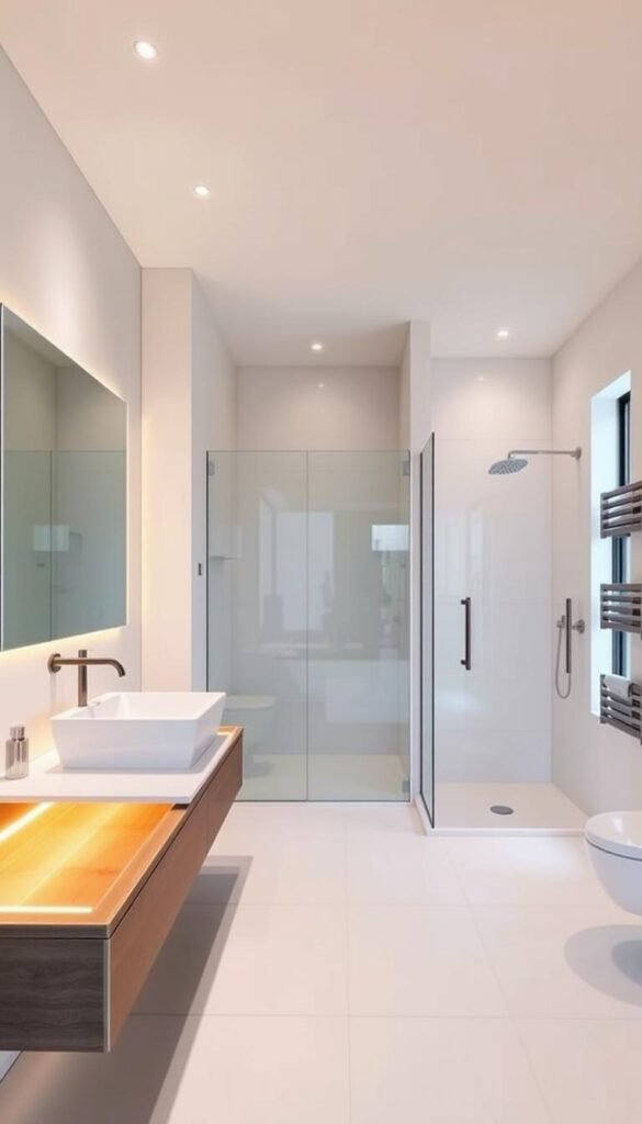 A sleek, modern bathroom layout with clean lines and efficient use of space. In the foreground, a floating vanity with a minimalist sink and vanity lighting casts a warm glow. The middle ground features a large frameless mirror that reflects the room, creating a sense of depth. In the background, a walk-in shower with a glass enclosure and built-in shelving for storage. The overall atmosphere is one of calm and tranquility, perfect for a spa-like retreat. Crisp, high-contrast lighting from recessed ceiling fixtures illuminates the "My Home Dec" styled bathroom. A sleek, modern bathroom layout with clean lines and efficient use of space. In the foreground, a floating vanity with a minimalist sink and vanity lighting casts a warm glow. The middle ground features a large frameless mirror that reflects the room, creating a sense of depth. In the background, a walk-in shower with a glass enclosure and built-in shelving for storage. The overall atmosphere is one of calm and tranquility, perfect for a spa-like retreat. Crisp, high-contrast lighting from recessed ceiling fixtures illuminates the "My Home Dec" styled bathroom.