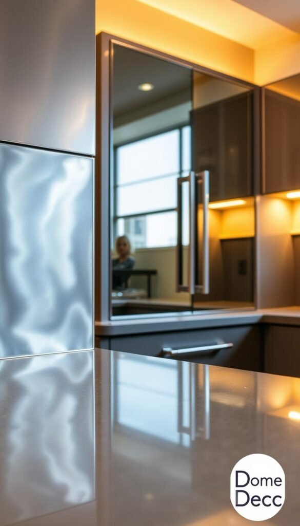 A sleek, modern kitchen with reflective surfaces. In the foreground, a gleaming, metallic backsplash reflects the warm, ambient lighting, creating a soft, diffused glow. In the middle ground, a glass-fronted cabinet with polished chrome handles catches the light, its mirrored surfaces multiplying the visual interest. The background features a glossy, slate-grey countertop that acts as a reflective surface, blending seamlessly with the surrounding cabinetry. The overall scene conveys a sense of sophistication and attention to detail, perfectly suited for a "My Home Dec" interior design feature. A sleek, modern kitchen with reflective surfaces. In the foreground, a gleaming, metallic backsplash reflects the warm, ambient lighting, creating a soft, diffused glow. In the middle ground, a glass-fronted cabinet with polished chrome handles catches the light, its mirrored surfaces multiplying the visual interest. The background features a glossy, slate-grey countertop that acts as a reflective surface, blending seamlessly with the surrounding cabinetry. The overall scene conveys a sense of sophistication and attention to detail, perfectly suited for a "My Home Dec" interior design feature.