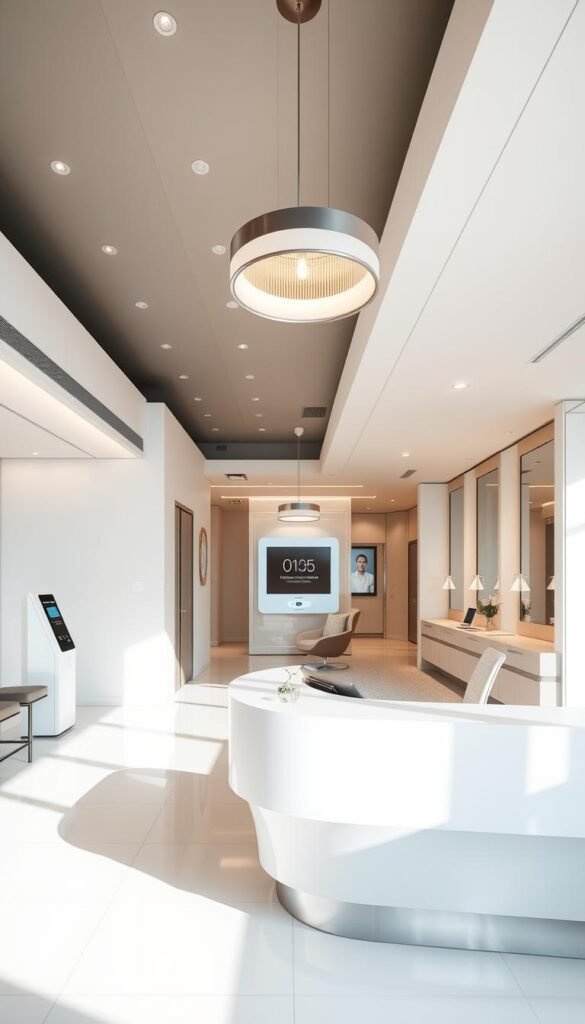 A sleek, modern med spa interior with seamless technology integration. In the bright, airy foreground, a posh reception area with a minimalist "My Home Dec" reception desk and digital check-in kiosk. Overhead, a suspended lighting fixture casts a warm glow. In the middle ground, a private consultation room with a high-tech biometric scanner and interactive display panel. The background reveals a high-ceilinged, open-concept layout with smart mirrors, voice-controlled lighting, and hidden speakers for a luxurious, fully-connected ambiance. Soft, neutral tones and natural materials create a serene, therapeutic atmosphere. A sleek, modern med spa interior with seamless technology integration. In the bright, airy foreground, a posh reception area with a minimalist "My Home Dec" reception desk and digital check-in kiosk. Overhead, a suspended lighting fixture casts a warm glow. In the middle ground, a private consultation room with a high-tech biometric scanner and interactive display panel. The background reveals a high-ceilinged, open-concept layout with smart mirrors, voice-controlled lighting, and hidden speakers for a luxurious, fully-connected ambiance. Soft, neutral tones and natural materials create a serene, therapeutic atmosphere.