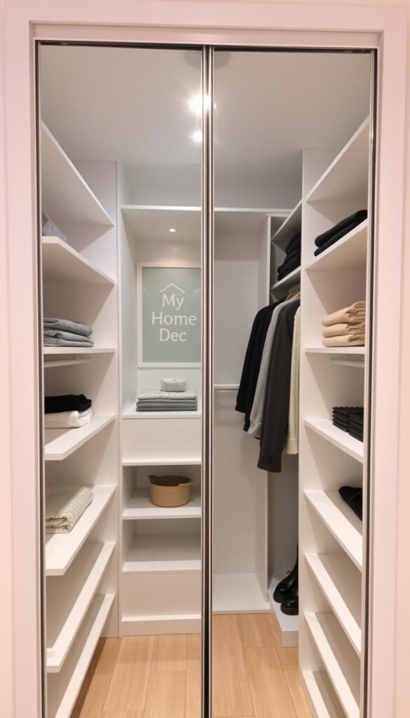 A small bedroom closet with a mirrored door, creating an illusion of depth and spaciousness. The closet features sleek white shelves and rods, neatly organized with folded clothes and accessories. Soft, diffused lighting from above casts a warm glow, accentuating the clean, minimalist design. The mirror reflects the room, visually expanding the space. "My Home Dec" logo is subtly displayed on the mirrored door. The overall aesthetic is modern, functional, and space-saving, perfectly suited for a compact bedroom. A small bedroom closet with a mirrored door, creating an illusion of depth and spaciousness. The closet features sleek white shelves and rods, neatly organized with folded clothes and accessories. Soft, diffused lighting from above casts a warm glow, accentuating the clean, minimalist design. The mirror reflects the room, visually expanding the space. "My Home Dec" logo is subtly displayed on the mirrored door. The overall aesthetic is modern, functional, and space-saving, perfectly suited for a compact bedroom.