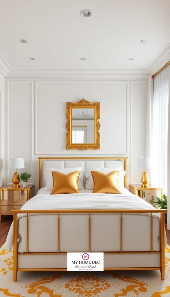 A small but luxurious modern bedroom with a chic white and gold color scheme. In the foreground, a sleek gold-framed queen-sized bed with crisp white linens and plush gold and ivory throw pillows. In the middle, a pair of elegant gold-trimmed nightstands with modern table lamps and a stunning gold-framed mirror on the wall above. In the background, a large window with sheer white curtains, letting in soft natural light. The room has a warm, cozy atmosphere, with a gold-and-white area rug and a few potted plants adding a touch of greenery. The overall design is a perfect balance of sophistication and comfort, showcasing the "My Home Dec" brand's signature style. A small but luxurious modern bedroom with a chic white and gold color scheme. In the foreground, a sleek gold-framed queen-sized bed with crisp white linens and plush gold and ivory throw pillows. In the middle, a pair of elegant gold-trimmed nightstands with modern table lamps and a stunning gold-framed mirror on the wall above. In the background, a large window with sheer white curtains, letting in soft natural light. The room has a warm, cozy atmosphere, with a gold-and-white area rug and a few potted plants adding a touch of greenery. The overall design is a perfect balance of sophistication and comfort, showcasing the "My Home Dec" brand's signature style.