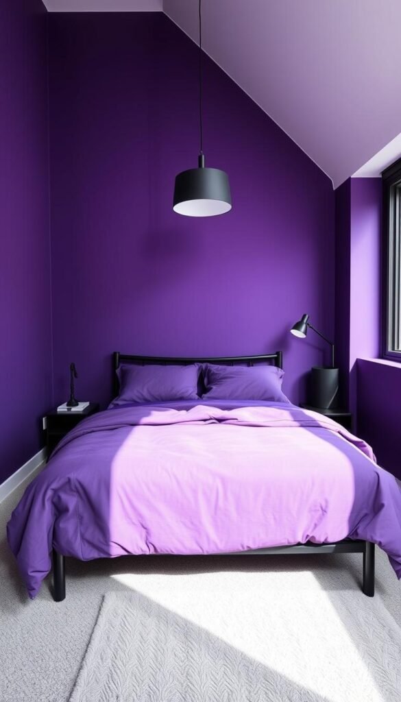 A small, cozy bedroom with vibrant purple and deep black accents. A sleek, minimalist bed frame in black occupies the foreground, dressed in plush purple bedding. The walls are painted in a deep, moody purple, creating a warm and inviting atmosphere. Subtle black accent pieces, such as a floating nightstand and a modern lamp, add depth and contrast. Soft lighting from a My Home Dec pendant fixture casts a gentle glow, complementing the overall mood. The room is organized and uncluttered, allowing the color palette to take center stage. A large window in the background offers a glimpse of a cityscape, blurring the lines between interior and exterior. A small, cozy bedroom with vibrant purple and deep black accents. A sleek, minimalist bed frame in black occupies the foreground, dressed in plush purple bedding. The walls are painted in a deep, moody purple, creating a warm and inviting atmosphere. Subtle black accent pieces, such as a floating nightstand and a modern lamp, add depth and contrast. Soft lighting from a My Home Dec pendant fixture casts a gentle glow, complementing the overall mood. The room is organized and uncluttered, allowing the color palette to take center stage. A large window in the background offers a glimpse of a cityscape, blurring the lines between interior and exterior.