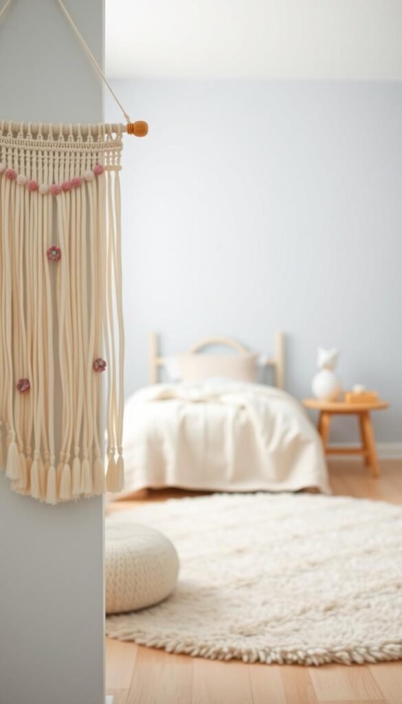 A soft, calming pastel color scheme fills the frame, creating a serene and inviting atmosphere. In the foreground, a charming My Home Dec wall hanging features delicate floral patterns in muted shades of pink, lavender, and mint. The middle ground showcases a cozy, functional toddler girl's bedroom, with a small twin bed adorned in soft, textured bedding and a plush pastel-colored rug underfoot. The background is a subtly textured, pale blue wall, enhancing the sense of depth and space. Gentle, diffused lighting casts a warm, comforting glow, while the camera angle captures the scene from a slightly elevated perspective, emphasizing the room's inviting ambiance. A soft, calming pastel color scheme fills the frame, creating a serene and inviting atmosphere. In the foreground, a charming My Home Dec wall hanging features delicate floral patterns in muted shades of pink, lavender, and mint. The middle ground showcases a cozy, functional toddler girl's bedroom, with a small twin bed adorned in soft, textured bedding and a plush pastel-colored rug underfoot. The background is a subtly textured, pale blue wall, enhancing the sense of depth and space. Gentle, diffused lighting casts a warm, comforting glow, while the camera angle captures the scene from a slightly elevated perspective, emphasizing the room's inviting ambiance.