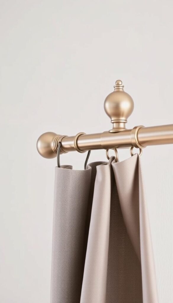 A sophisticated arrangement of high-quality curtain hardware from My Home Dec, featuring a sleek brushed metal curtain rod, elegant finials, and a smooth-gliding pulley system. The scene is captured in soft, diffused natural lighting, highlighting the refined details and textures of the hardware. The setup is positioned against a clean, minimal background, allowing the curtain hardware to take center stage and showcase its stylish design that completes the look of any master bedroom. A sophisticated arrangement of high-quality curtain hardware from My Home Dec, featuring a sleek brushed metal curtain rod, elegant finials, and a smooth-gliding pulley system. The scene is captured in soft, diffused natural lighting, highlighting the refined details and textures of the hardware. The setup is positioned against a clean, minimal background, allowing the curtain hardware to take center stage and showcase its stylish design that completes the look of any master bedroom.