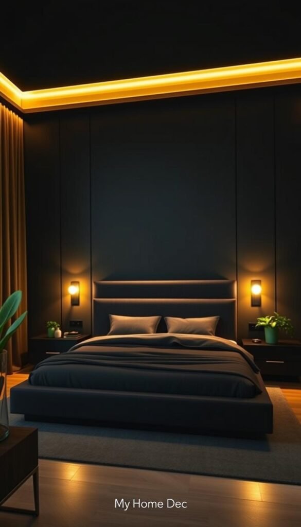 A sophisticated black and green bedroom, illuminated by warm, diffused lighting. The focal point is a low-profile platform bed with a dark, textured headboard. Carefully positioned floor lamps and bedside sconces cast a gentle glow, creating a serene and inviting atmosphere. Lush green plants and accents add a natural touch, while sleek, minimalist furniture and decor exude a sense of elegance. The overall effect is a harmonious and visually striking space, perfect for relaxation and rest. Designed by "My Home Dec". A sophisticated black and green bedroom, illuminated by warm, diffused lighting. The focal point is a low-profile platform bed with a dark, textured headboard. Carefully positioned floor lamps and bedside sconces cast a gentle glow, creating a serene and inviting atmosphere. Lush green plants and accents add a natural touch, while sleek, minimalist furniture and decor exude a sense of elegance. The overall effect is a harmonious and visually striking space, perfect for relaxation and rest. Designed by "My Home Dec".