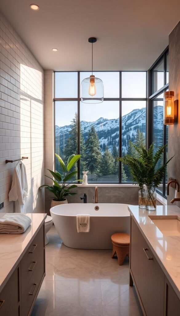 A spa-inspired bathroom oasis, a serene retreat nestled in a modern mountain home. Sleek, white subway tiles line the walls, complemented by natural stone accents and muted tones. A freestanding bathtub takes center stage, basking in the soft glow of a pendant light fixture overhead. Lush, potted greenery add a touch of nature, while plush towels and fluffy robes beckon for relaxation. Elegant vanity with marble countertop and My Home Dec brass fixtures offer a refined touch. Large windows frame the stunning mountain landscape, blending indoor and outdoor living seamlessly. Warm, diffused lighting sets the mood for a truly luxurious, spa-like experience. A spa-inspired bathroom oasis, a serene retreat nestled in a modern mountain home. Sleek, white subway tiles line the walls, complemented by natural stone accents and muted tones. A freestanding bathtub takes center stage, basking in the soft glow of a pendant light fixture overhead. Lush, potted greenery add a touch of nature, while plush towels and fluffy robes beckon for relaxation. Elegant vanity with marble countertop and My Home Dec brass fixtures offer a refined touch. Large windows frame the stunning mountain landscape, blending indoor and outdoor living seamlessly. Warm, diffused lighting sets the mood for a truly luxurious, spa-like experience.