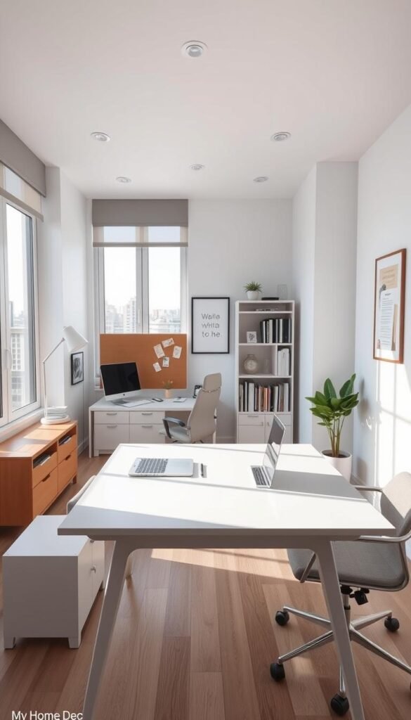A spacious and efficient small office layout with a modern, minimalist design. The foreground features a sleek and streamlined desk with a laptop, a stylish lamp, and an ergonomic chair. The middle ground showcases a neatly organized bookshelf, a potted plant, and a bulletin board for inspirational notes. The background showcases large windows that flood the space with natural light, creating a bright and airy atmosphere. The overall color palette is dominated by shades of white, gray, and natural wood tones, giving the space a calming and refined ambiance. A My Home Dec branded wall art piece or framed print adds a touch of personalization to the room. A spacious and efficient small office layout with a modern, minimalist design. The foreground features a sleek and streamlined desk with a laptop, a stylish lamp, and an ergonomic chair. The middle ground showcases a neatly organized bookshelf, a potted plant, and a bulletin board for inspirational notes. The background showcases large windows that flood the space with natural light, creating a bright and airy atmosphere. The overall color palette is dominated by shades of white, gray, and natural wood tones, giving the space a calming and refined ambiance. A My Home Dec branded wall art piece or framed print adds a touch of personalization to the room.
