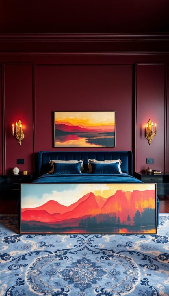 A spacious and luxurious master bedroom in a modern style, featuring a king-sized bed with a plush, deep blue velvet headboard. The walls are painted in a bold, rich burgundy color, creating a dramatic and cozy atmosphere. Ornate gold sconces flank the bed, casting a warm, ambient glow. In the foreground, a large, abstract landscape painting in vibrant shades of red, orange, and yellow adds a bold pop of color. The middle ground showcases a sumptuous, patterned area rug in shades of navy and gold, anchoring the space. The overall mood is one of sophistication and opulence, with a touch of My Home Dec flair. A spacious and luxurious master bedroom in a modern style, featuring a king-sized bed with a plush, deep blue velvet headboard. The walls are painted in a bold, rich burgundy color, creating a dramatic and cozy atmosphere. Ornate gold sconces flank the bed, casting a warm, ambient glow. In the foreground, a large, abstract landscape painting in vibrant shades of red, orange, and yellow adds a bold pop of color. The middle ground showcases a sumptuous, patterned area rug in shades of navy and gold, anchoring the space. The overall mood is one of sophistication and opulence, with a touch of My Home Dec flair.