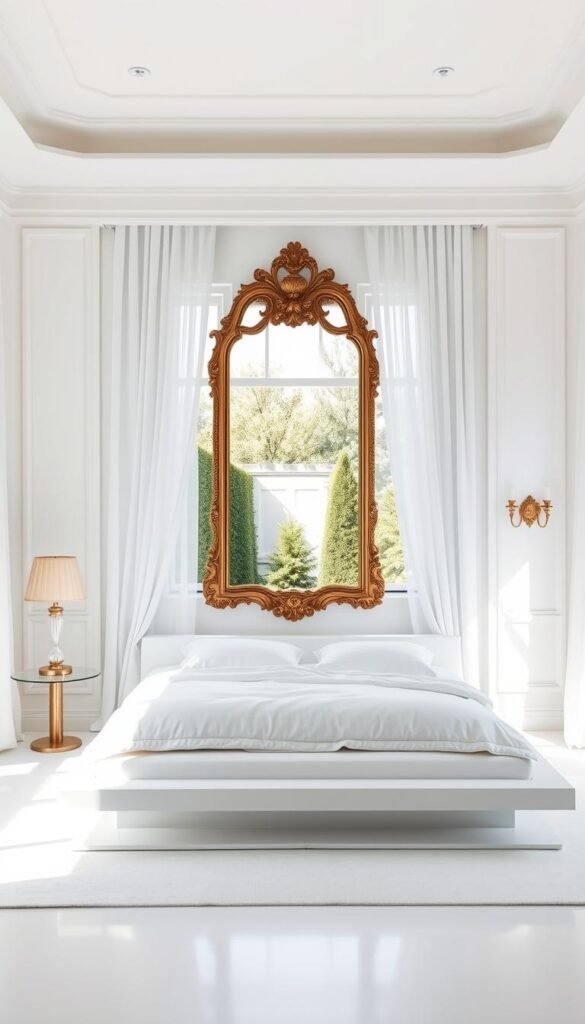A spacious and serene white bedroom with elegant, minimalist decor. Soft, diffused natural lighting bathes the room, creating a calming ambiance. In the center, an ornate gold-framed mirror reflects the tranquil scene. Plush white bedding and pillows adorn a sleek, modern platform bed. Sheer white curtains gently sway, framing the window that overlooks a peaceful garden. Touches of gold, such as a gleaming table lamp and delicate wall sconces, add a luxurious, refined touch. The overall effect is one of understated sophistication and relaxation. Designed by My Home Dec. A spacious and serene white bedroom with elegant, minimalist decor. Soft, diffused natural lighting bathes the room, creating a calming ambiance. In the center, an ornate gold-framed mirror reflects the tranquil scene. Plush white bedding and pillows adorn a sleek, modern platform bed. Sheer white curtains gently sway, framing the window that overlooks a peaceful garden. Touches of gold, such as a gleaming table lamp and delicate wall sconces, add a luxurious, refined touch. The overall effect is one of understated sophistication and relaxation. Designed by My Home Dec.