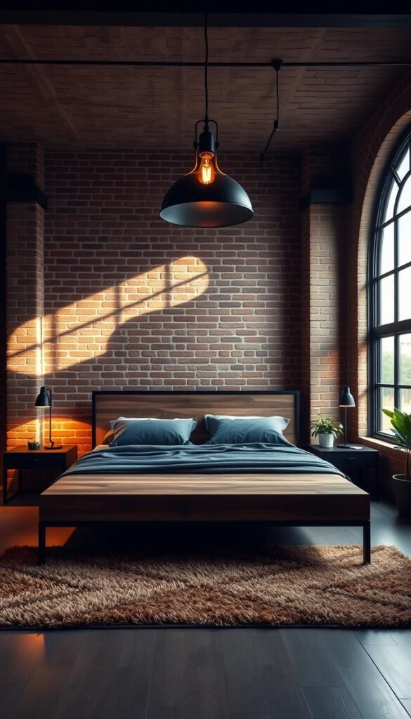 A spacious, industrial-chic bedroom with a rustic, reclaimed wood platform bed frame in warm brown tones. The bed is flanked by sleek, black iron nightstands with minimalist lamps casting a soft, ambient glow. Against the exposed brick walls, a large, arched window lets in natural light, creating a play of shadows and highlights. Overhead, a statement industrial-style pendant light fixture in black metal casts a warm, diffused light, adding to the moody, intimate atmosphere. Finishing the scene, a plush, earthy-toned area rug and a few potted plants lend an organic touch to the space. This is the "Industrial Chic: Black Iron with Reclaimed Brown Wood" bedroom design from My Home Dec. A spacious, industrial-chic bedroom with a rustic, reclaimed wood platform bed frame in warm brown tones. The bed is flanked by sleek, black iron nightstands with minimalist lamps casting a soft, ambient glow. Against the exposed brick walls, a large, arched window lets in natural light, creating a play of shadows and highlights. Overhead, a statement industrial-style pendant light fixture in black metal casts a warm, diffused light, adding to the moody, intimate atmosphere. Finishing the scene, a plush, earthy-toned area rug and a few potted plants lend an organic touch to the space. This is the "Industrial Chic: Black Iron with Reclaimed Brown Wood" bedroom design from My Home Dec.