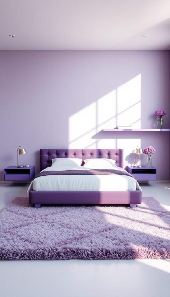 A spacious, modern purple bedroom with a focus on minimalist design. The room is flooded with natural light from large windows, casting a warm glow on the plush, tufted purple bed frame and crisp white bedding. Sleek, floating nightstands in a complementary deep purple hue flank the bed, adorned with minimalist table lamps. The walls are painted in a soft, muted lavender shade, creating a serene and sophisticated ambiance. The floor is covered in a plush, lavender-toned area rug, adding texture and depth to the space. A large, floating shelf against the far wall displays a few carefully curated decorative pieces, including a vase of fresh purple flowers. The overall aesthetic is one of contemporary elegance, with the purple hues and clean lines culminating in a stylish, "My Home Dec" modern purple bedroom design. A spacious, modern purple bedroom with a focus on minimalist design. The room is flooded with natural light from large windows, casting a warm glow on the plush, tufted purple bed frame and crisp white bedding. Sleek, floating nightstands in a complementary deep purple hue flank the bed, adorned with minimalist table lamps. The walls are painted in a soft, muted lavender shade, creating a serene and sophisticated ambiance. The floor is covered in a plush, lavender-toned area rug, adding texture and depth to the space. A large, floating shelf against the far wall displays a few carefully curated decorative pieces, including a vase of fresh purple flowers. The overall aesthetic is one of contemporary elegance, with the purple hues and clean lines culminating in a stylish, "My Home Dec" modern purple bedroom design.