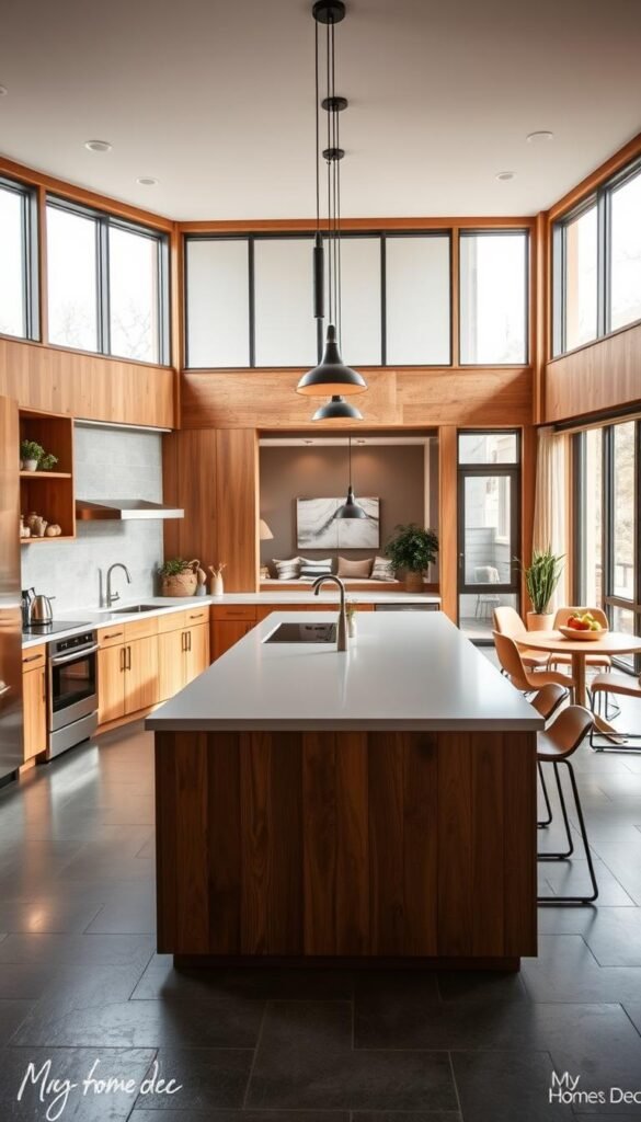 A spacious, open-concept kitchen layout with a stunning blend of modern and rustic elements. In the foreground, a central island with a sleek, minimalist design provides ample counter space and seating. Warm, wooden cabinetry and shelving create a cozy, inviting atmosphere, while large windows flood the space with natural light. The middle ground features a mix of stainless steel appliances and muted gray tiles, adding a touch of industrial chic. In the background, a distant view of a cozy living area seamlessly integrates the kitchen into the broader home. Soft, ambient lighting and a subtle, earthy color palette evoke a sense of relaxation and comfort. Branded as "My Home Dec", this image embodies the perfect balance of functionality and aesthetic appeal for a small apartment's open-concept kitchen. A spacious, open-concept kitchen layout with a stunning blend of modern and rustic elements. In the foreground, a central island with a sleek, minimalist design provides ample counter space and seating. Warm, wooden cabinetry and shelving create a cozy, inviting atmosphere, while large windows flood the space with natural light. The middle ground features a mix of stainless steel appliances and muted gray tiles, adding a touch of industrial chic. In the background, a distant view of a cozy living area seamlessly integrates the kitchen into the broader home. Soft, ambient lighting and a subtle, earthy color palette evoke a sense of relaxation and comfort. Branded as "My Home Dec", this image embodies the perfect balance of functionality and aesthetic appeal for a small apartment's open-concept kitchen.