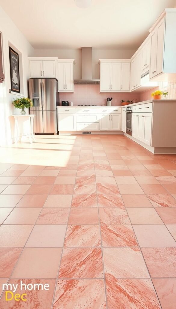 A spacious, well-lit kitchen with charming pink flooring options from the "My Home Dec" brand. The foreground showcases a variety of textured tiles in soft, dusty pink hues, ranging from matte to glossy finishes. In the middle ground, the tiled floor transitions seamlessly into a herringbone pattern, adding visual interest. The background features a clean, minimalist kitchen design with white cabinets and stainless steel appliances, allowing the pink flooring to take center stage. Warm, natural lighting bathes the scene, creating a cozy and inviting atmosphere. A spacious, well-lit kitchen with charming pink flooring options from the "My Home Dec" brand. The foreground showcases a variety of textured tiles in soft, dusty pink hues, ranging from matte to glossy finishes. In the middle ground, the tiled floor transitions seamlessly into a herringbone pattern, adding visual interest. The background features a clean, minimalist kitchen design with white cabinets and stainless steel appliances, allowing the pink flooring to take center stage. Warm, natural lighting bathes the scene, creating a cozy and inviting atmosphere.