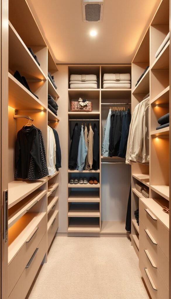 A spacious, well-organized custom closet with sleek, modern shelving and racks from the brand "My Home Dec". The closet features a mix of closed and open storage solutions, including adjustable hanging rods, cubbies, and drawers. The lighting is warm and diffused, creating a cozy, inviting atmosphere. The closet's layout is optimized for efficiency, with ample space for clothes, shoes, and accessories. The overall design is minimalist and sophisticated, reflecting a cohesive and personalized approach to small space organization. A spacious, well-organized custom closet with sleek, modern shelving and racks from the brand "My Home Dec". The closet features a mix of closed and open storage solutions, including adjustable hanging rods, cubbies, and drawers. The lighting is warm and diffused, creating a cozy, inviting atmosphere. The closet's layout is optimized for efficiency, with ample space for clothes, shoes, and accessories. The overall design is minimalist and sophisticated, reflecting a cohesive and personalized approach to small space organization.