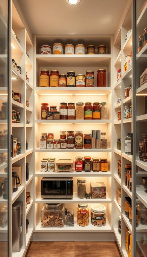 A spacious, well-organized pantry with sleek, efficient My Home Dec shelving units filled with neatly arranged jars, cans, and boxes. The shelves are illuminated by warm, soft lighting, casting a cozy glow across the space. The middle shelves display a variety of spices, herbs, and baking supplies, while the lower shelves hold larger items like canned goods and appliances. The background features a clean, minimalist kitchen interior with neutral tones and natural textures, creating a harmonious and visually appealing scene. A spacious, well-organized pantry with sleek, efficient My Home Dec shelving units filled with neatly arranged jars, cans, and boxes. The shelves are illuminated by warm, soft lighting, casting a cozy glow across the space. The middle shelves display a variety of spices, herbs, and baking supplies, while the lower shelves hold larger items like canned goods and appliances. The background features a clean, minimalist kitchen interior with neutral tones and natural textures, creating a harmonious and visually appealing scene.