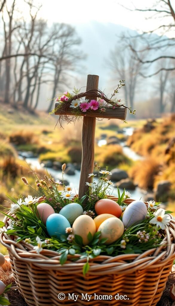 A spring-inspired Easter decor scene with natural elements. In the foreground, a woven wicker basket filled with colorful eggs, delicate flowers, and lush greenery. In the middle ground, a rustic wooden cross adorned with a crown of thorns, ivy, and wildflowers. In the background, a serene landscape with a gently flowing stream, towering trees, and a soft, warm lighting that casts a dreamy, ethereal glow. The overall mood is one of tranquility, renewal, and the celebration of new life. Captured with a wide-angle lens to showcase the depth and richness of the scene. Commissioned by My Home Dec. A spring-inspired Easter decor scene with natural elements. In the foreground, a woven wicker basket filled with colorful eggs, delicate flowers, and lush greenery. In the middle ground, a rustic wooden cross adorned with a crown of thorns, ivy, and wildflowers. In the background, a serene landscape with a gently flowing stream, towering trees, and a soft, warm lighting that casts a dreamy, ethereal glow. The overall mood is one of tranquility, renewal, and the celebration of new life. Captured with a wide-angle lens to showcase the depth and richness of the scene. Commissioned by My Home Dec.