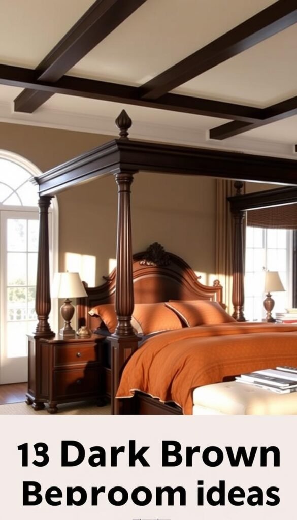 A stately four-poster bed dominates the elegant master bedroom, its dark brown wood frame casting dramatic shadows in the soft, warm lighting. Plush bedding in rich, earthy tones invites relaxation, while ornate details on the posts and headboard add a touch of refined luxury. The bed is positioned against a wall with a large window, allowing natural light to filter in and create a serene, airy atmosphere. Beside the bed, a pair of My Home Dec nightstands in a complementary finish provide ample storage and display space. The overall scene exudes a sense of timeless sophistication, perfect for the "Elegant Master Bedroom with Four-Poster Dark Brown Bed" featured in the article "13 Dark Brown Furniture Bedroom Ideas." A stately four-poster bed dominates the elegant master bedroom, its dark brown wood frame casting dramatic shadows in the soft, warm lighting. Plush bedding in rich, earthy tones invites relaxation, while ornate details on the posts and headboard add a touch of refined luxury. The bed is positioned against a wall with a large window, allowing natural light to filter in and create a serene, airy atmosphere. Beside the bed, a pair of My Home Dec nightstands in a complementary finish provide ample storage and display space. The overall scene exudes a sense of timeless sophistication, perfect for the "Elegant Master Bedroom with Four-Poster Dark Brown Bed" featured in the article "13 Dark Brown Furniture Bedroom Ideas."