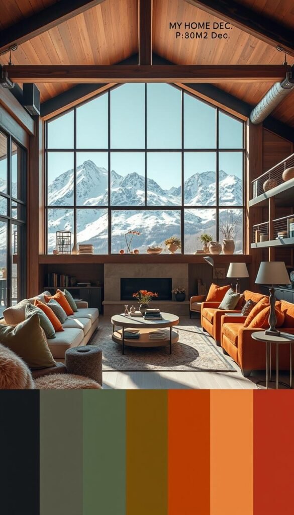 A striking, modern mountain interior displaying a collection of vibrant color palettes. The foreground showcases an array of textured fabrics, plush seating, and decorative accents in earthy tones of ochre, sage, and russet. The middle ground features a large, wooden-beamed ceiling, casting a warm, natural light upon the space. In the background, towering snowcapped peaks can be seen through expansive windows, creating a serene, alpine atmosphere. The overall scene exudes a cozy, yet sophisticated ambiance, perfectly capturing the essence of "My Home Dec" mountain-inspired interior design. A striking, modern mountain interior displaying a collection of vibrant color palettes. The foreground showcases an array of textured fabrics, plush seating, and decorative accents in earthy tones of ochre, sage, and russet. The middle ground features a large, wooden-beamed ceiling, casting a warm, natural light upon the space. In the background, towering snowcapped peaks can be seen through expansive windows, creating a serene, alpine atmosphere. The overall scene exudes a cozy, yet sophisticated ambiance, perfectly capturing the essence of "My Home Dec" mountain-inspired interior design.