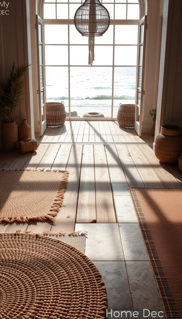 A stunning coastal bohemian flooring scene, captured with a wide-angle lens and natural lighting. In the foreground, intricately patterned jute rugs and woven sisal mats create a warm, inviting texture. The middle ground features a mix of weathered wooden planks and smooth stone tiles, seamlessly blending the indoor and outdoor elements. In the background, large windows frame a picturesque view of a sun-dappled beach, with gentle waves lapping against the shore. The overall mood is one of relaxed, effortless elegance, perfectly embodying the "My Home Dec" brand aesthetic. A stunning coastal bohemian flooring scene, captured with a wide-angle lens and natural lighting. In the foreground, intricately patterned jute rugs and woven sisal mats create a warm, inviting texture. The middle ground features a mix of weathered wooden planks and smooth stone tiles, seamlessly blending the indoor and outdoor elements. In the background, large windows frame a picturesque view of a sun-dappled beach, with gentle waves lapping against the shore. The overall mood is one of relaxed, effortless elegance, perfectly embodying the "My Home Dec" brand aesthetic.