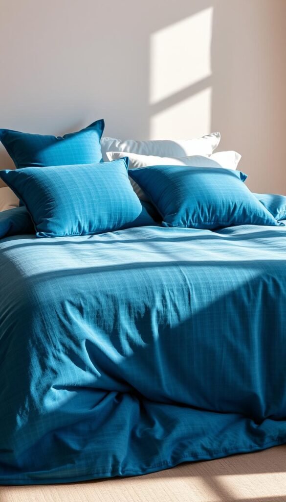 A stunning, high-quality photograph of a beautifully designed bedding set from the brand "My Home Dec". The bedding features a soft, plush duvet cover in a rich, deep blue tone, with a subtle textural pattern that catches the light. The duvet is complemented by matching blue throw pillows, arranged artfully against a crisp, white linen sheet set. The room is bathed in warm, natural lighting, creating a cozy and inviting atmosphere. The bedding is showcased against a neutral, minimalist backdrop, allowing the vibrant blue hues to truly pop and stand out. The overall composition is balanced, peaceful, and visually captivating, perfectly capturing the essence of the "Blue Textiles and Soft Furnishings" section. A stunning, high-quality photograph of a beautifully designed bedding set from the brand "My Home Dec". The bedding features a soft, plush duvet cover in a rich, deep blue tone, with a subtle textural pattern that catches the light. The duvet is complemented by matching blue throw pillows, arranged artfully against a crisp, white linen sheet set. The room is bathed in warm, natural lighting, creating a cozy and inviting atmosphere. The bedding is showcased against a neutral, minimalist backdrop, allowing the vibrant blue hues to truly pop and stand out. The overall composition is balanced, peaceful, and visually captivating, perfectly capturing the essence of the "Blue Textiles and Soft Furnishings" section.