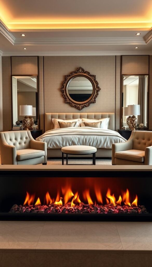 A stunning luxury electric fireplace set against a backdrop of a warm, elegant master bedroom. In the foreground, a sleek, minimalist fireplace with a glowing ember bed and a smooth, reflective surface. The middle ground features plush, high-end furnishings - a sumptuous king-size bed with crisp, ivory linens, and a pair of matching, tufted armchairs. Soft, indirect lighting bathes the scene in a cozy, inviting glow. In the background, a feature wall with a subtle, textured wallpaper pattern and a large, ornate mirror that adds depth and sophistication. The overall mood is one of refined opulence and relaxation, perfectly suited for a "My Home Dec" luxury master bedroom electric fireplace design. A stunning luxury electric fireplace set against a backdrop of a warm, elegant master bedroom. In the foreground, a sleek, minimalist fireplace with a glowing ember bed and a smooth, reflective surface. The middle ground features plush, high-end furnishings - a sumptuous king-size bed with crisp, ivory linens, and a pair of matching, tufted armchairs. Soft, indirect lighting bathes the scene in a cozy, inviting glow. In the background, a feature wall with a subtle, textured wallpaper pattern and a large, ornate mirror that adds depth and sophistication. The overall mood is one of refined opulence and relaxation, perfectly suited for a "My Home Dec" luxury master bedroom electric fireplace design.