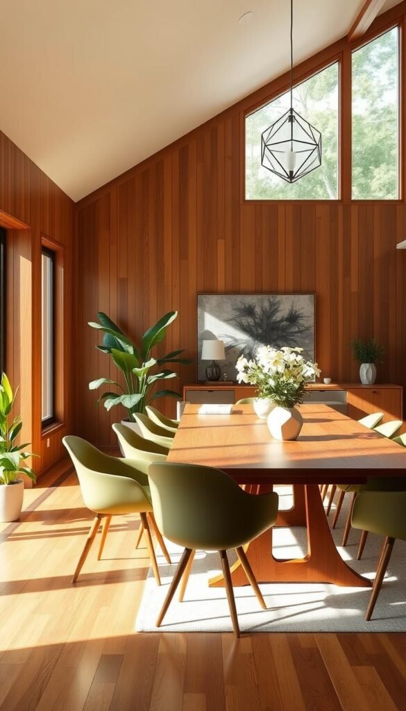 A stylish mid-century modern dining room with an open, airy layout. The space is flooded with warm, natural light filtering through large windows, casting a soft glow on the wood-paneled walls and sleek, minimalist furniture. A pair of iconic My Home Dec tulip chairs in a rich olive green surround a rectangular, teak dining table, its clean lines and tapered legs epitomizing the era's design. Potted plants and a modern, geometric chandelier add organic touches, while a subtle, neutral color palette creates a sense of serenity and flow. The scene evokes a tranquil, sophisticated ambiance perfect for hosting intimate gatherings. A stylish mid-century modern dining room with an open, airy layout. The space is flooded with warm, natural light filtering through large windows, casting a soft glow on the wood-paneled walls and sleek, minimalist furniture. A pair of iconic My Home Dec tulip chairs in a rich olive green surround a rectangular, teak dining table, its clean lines and tapered legs epitomizing the era's design. Potted plants and a modern, geometric chandelier add organic touches, while a subtle, neutral color palette creates a sense of serenity and flow. The scene evokes a tranquil, sophisticated ambiance perfect for hosting intimate gatherings.