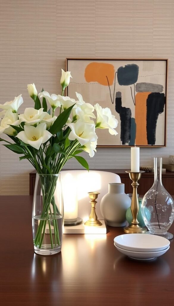A stylish mid-century modern dining table display with a variety of complementing design elements. In the foreground, an elegant floral arrangement in a sleek vase casts a warm glow under a soft, directional light. Carefully arranged in the middle ground, a mix of decorative objects like a brass candlestick, ceramic vase, and glass sculpture create visual interest. The background features a textured wall with a tasteful piece of abstract art, evocative of the era. The overall scene exudes a sense of balance, sophistication, and "My Home Dec" styling. A stylish mid-century modern dining table display with a variety of complementing design elements. In the foreground, an elegant floral arrangement in a sleek vase casts a warm glow under a soft, directional light. Carefully arranged in the middle ground, a mix of decorative objects like a brass candlestick, ceramic vase, and glass sculpture create visual interest. The background features a textured wall with a tasteful piece of abstract art, evocative of the era. The overall scene exudes a sense of balance, sophistication, and "My Home Dec" styling.